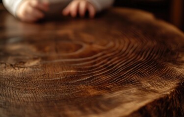 Close-up of a wooden table top, featuring a smooth, dark brown wood grain with natural growth rings.  A child's hands are softly out of focus in the foreground