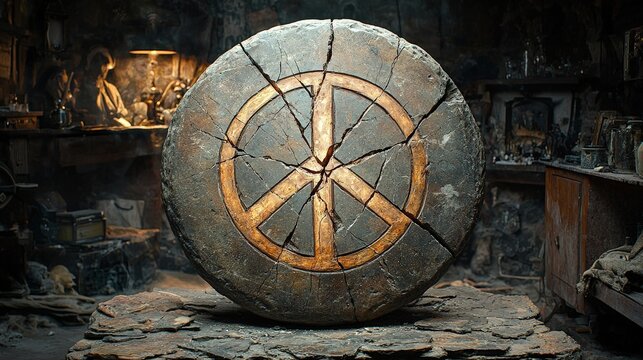 Cracked stone peace symbol in an ancient workshop setting