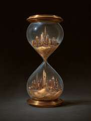 Sand turns into a sprawling city skyline inside an hourglass, symbolizing time and urban growth, dramatic light and surreal concept
Generative AI