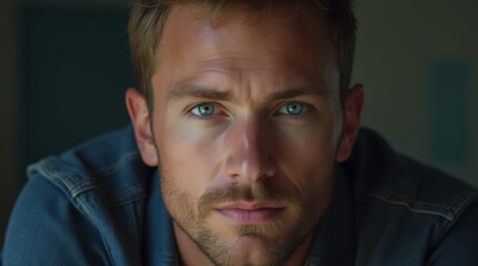 Portrait of a handsome man with blue eyes in a denim shirt