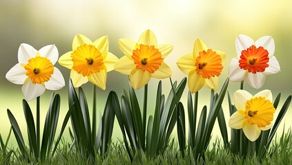 Spring flowers in various hues, vibrant colors in a row,  with greenery.  Five daffodils,  in pastel yellow, white, orange, and red,  in soft focus