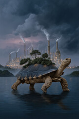 Thriving steampunk city built on the back of a colossal turtle walking through the ocean, rich details and fantasy worldbuilding
Generative AI