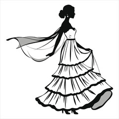 Fototapeta premium Vector Silhouette of a Woman in a Tiered Dress/A black and white silhouette of a bride in a flowing, tiered wedding dress, with a sheer veil.