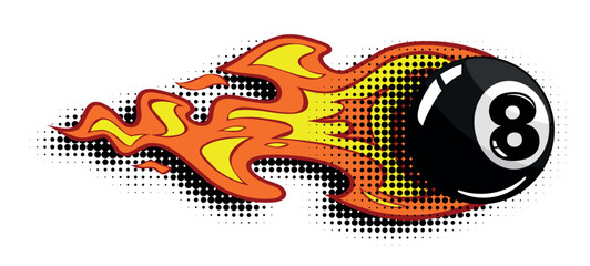 Obraz premium Fire billiard black ball icon. Burning eighth ball for pool in comic style. Vector cartoon pop art design element on transparent background