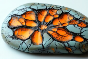Intricate,  faceted  turquoise  gemstone.  Detailed  patterns  and  orange  center