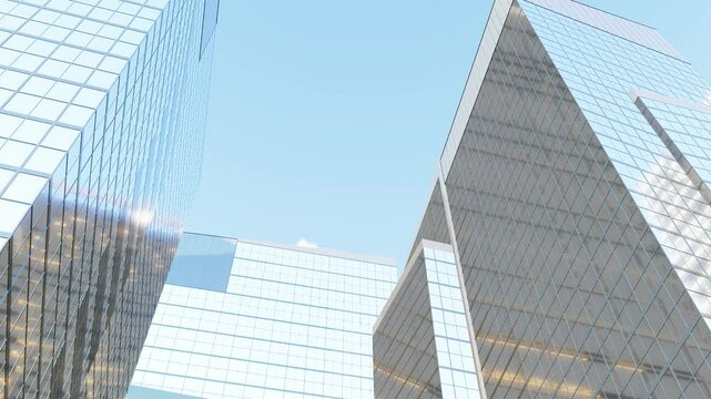 A low-angle view of modern skyscrapers with a clear blue sky. Skyscraper in city. City downtown with skyscraper. Office building business district. Skyscraper building architecture. Business skyscrape