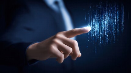 Close-up of a hand interacting with digital data streams.