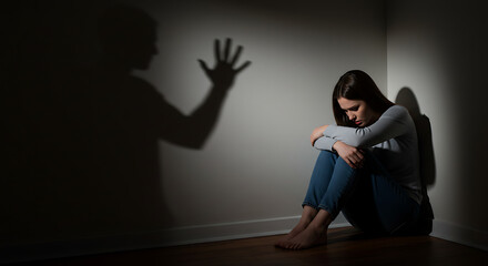 Woman in corner with shadow representing domestic abuse trauma and mental health issues concept artwork. violence against women, femicide