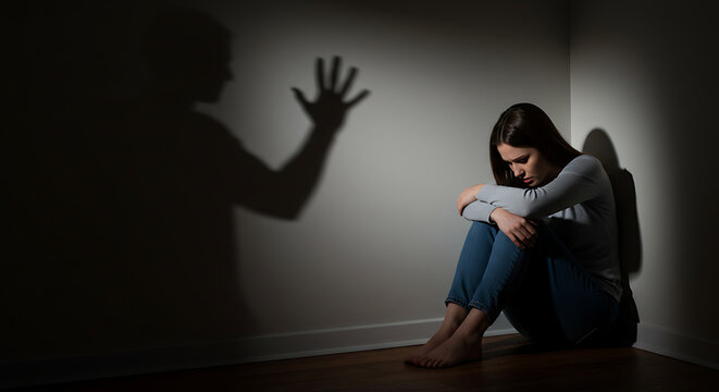 Woman in corner with shadow representing domestic abuse trauma and mental health issues concept artwork. violence against women, femicide
