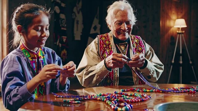 A heartwarming video scene of a child and elder crafting beaded necklaces. Captured at eye level, showcasing tradition and connection in a cozy setting.
