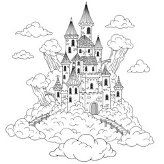 Obraz premium Detailed coloring page shows large castle with towers and various structures