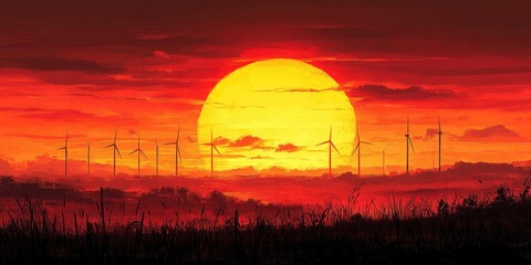Obraz premium Sunset over wind farm, fiery sky, renewable energy