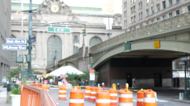 New York City Grand Central Terminal railway station, 42 street. Manhattan Midtown. Bridge on Pershing Square, NYC, USA. American urban roadwork, road construction orange barrier in United States.