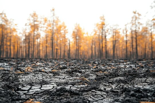 Cracked earth and autumn forest landscape depicting climate change and environmental challenges