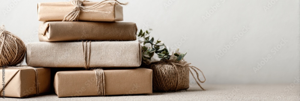 Poster gift stack wrapped in kraft paper with decorative twine on a neutral background ready for any occasi