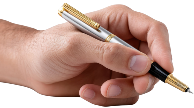 Precise Penmanship: A close-up of a hand elegantly holding a pen, embodying the art of writing, detail and craftsmanship