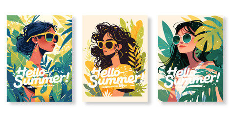 Fototapeta premium Sunshine Vibes: Stylish Summer Girl with Shades & Tropical Blooms for Social Media Joy
