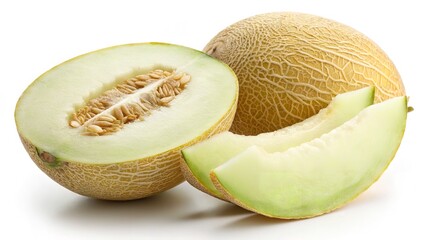 Whole Cantaloupe Melon, Halved, and Sliced with Visible Seeds and Green Flesh