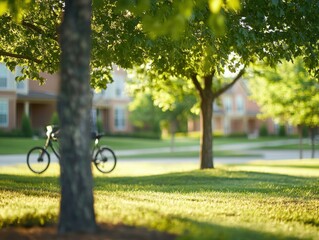 Fototapeta premium Bicycle parked under tree in suburban neighborhood at golden hour low angle shot depicting peaceful community life and outdoor recreation