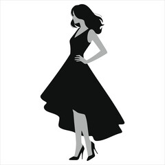 Vector Silhouette of a Woman in a ( Asymmetrical hem)Dress/A stylish, black and white silhouette of a woman in a flowing, elegant dress.