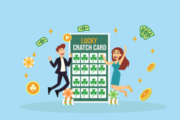 Lucky couple win lottery. Happy winners rejoice huge money prize of gambling game. Vector flat illustration of man and woman jumping with happiness near winning ticket.
