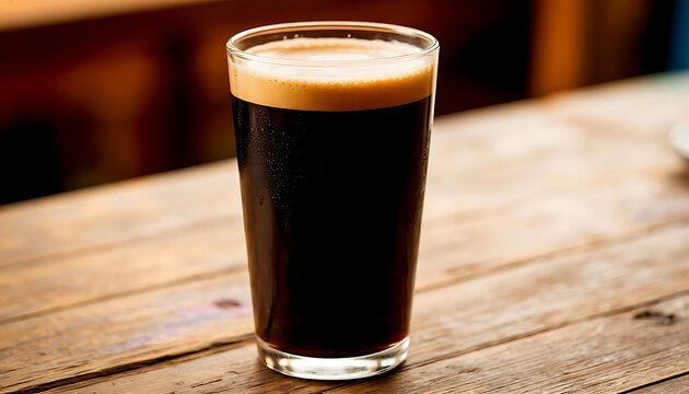 Dark stout beer in a chilled glass, perfect for cozy gatherings or pub settings. Ideal for advertising craft breweries, social media posts, or bar promotions