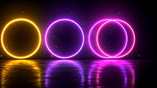 Bright pink and purple neon circles sparkle and divide against a dark space background. Dynamic reflections add depth, highlighting the modern art style.