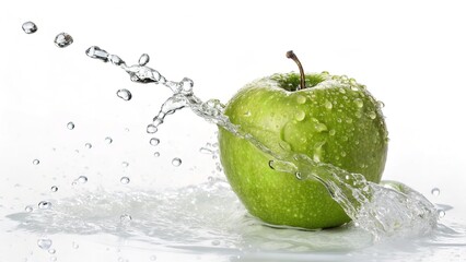 Green Apple with Water Splashing Around It and Fresh Water Droplets