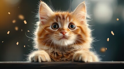 A curious kitten with twinkling eyes is surrounded by floating treats, reflecting playfulness and wonder, ideal for depicting the joy and innocence of pets.
