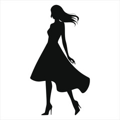 Vector Silhouette of a Woman in a ( Asymmetrical hem)Dress/A sophisticated silhouette of a woman walking, wearing a flowing dress and high heels.