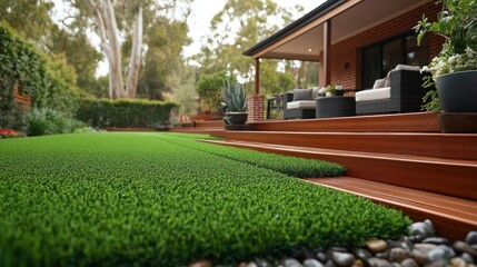 Outdoor patio with artificial turf and wooden deck.  Tranquil backyard oasis