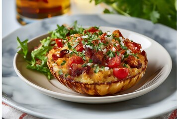 Txangurro, Basque crab casserole on white plate with red and white striped cloth. Concept of gourmet dining with Txangurro focus on elegant presentation and fresh ingredients.