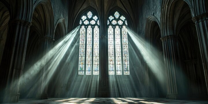 Sharp shafts of morning sunlight slicing through the cathedralâ€™s dark, vast interior.