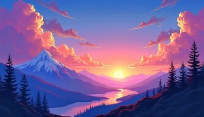 Dreamy Sunset Over Mountain Lake with Purple Clouds