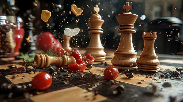 Chess pieces on a board with scattered elements strategy