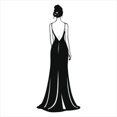Vector Silhouette of a Woman in a Backless Gown/A stylized, back view illustration of a woman in a long, black, backless gown.