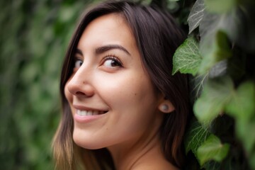 Fototapeta premium Woman smiling in front of green ivy wall during a sunny day in a serene outdoor setting