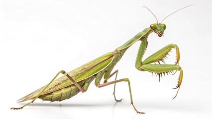 Close-Up of a Green Praying Mantis with Distinctive Triangular Head and Spiny Forelegs