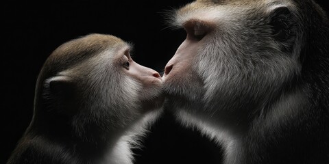Monkeys engaging in an affectionate moment in a dark setting showcasing their close bond and emotional connection