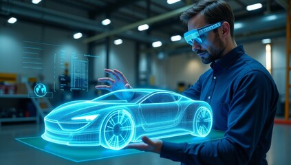 Automotive Engineer Use Virtual Reality Headset for Virtual Electric Car 3D Model Design Analysis and Improvement. 3D Graphics Visualization Shows Fully Developed Vehicle Prototype Analysed Optimized