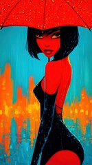 Stylish woman in a black outfit holding a red umbrella against a rainy urban backdrop at night