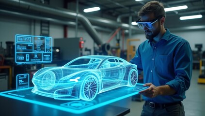 Automotive Engineer Use Virtual Reality Headset for Virtual Electric Car 3D Model Design Analysis and Improvement. 3D Graphics Visualization Shows Fully Developed Vehicle Prototype Analysed Optimized
