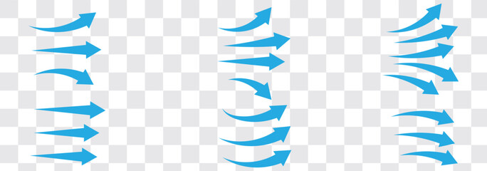 Set of blue arrow showing wind air flow isolated on white background, air direction signs