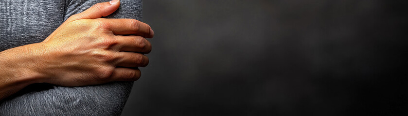 Closeup hand scratching arm due to stress, wearing gray long sleeve shirt, emotional discomfort, dark background