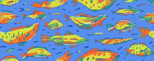 Colorful funky seamless pattern with crayon drawn fish. Childish colorful neon wrapping paper with various doodle cute fish. Vector marine sketch seamless banner design. Rough pencil texture.