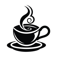 Classic black and white coffee cup with steam rising from a saucer perfect for cafe designs