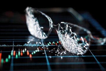 Broken glasses resting on a financial chart depicting stock market fluctuations at night
