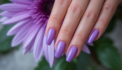 Fototapeta premium Elegant gradient purple nails showcased against a soft pastel background.