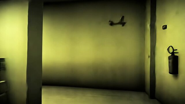 Eerie empty corridor with sickly yellow lighting creates unsettling liminal space. Endless hallway evokes feelings of isolation and disorientation in abandoned warehouse. Surreal urbex atmosphere.
