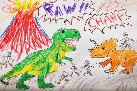 Colorful dinosaur drawing showcases a T-Rex and Triceratops in a prehistoric landscape with an erupting volcano